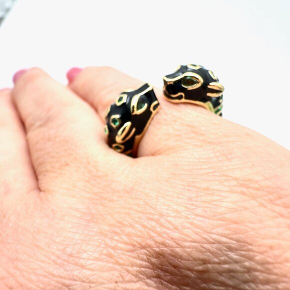 Cheetah Panther Ring Black Enamel Green Rhinestone Gold Plated Adjustable Size - Picture 6 of 7